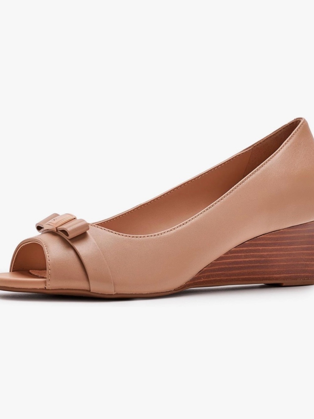 Cole Haan Nude Peep-Toe Wedge Pumps with Bow - Size 7.5